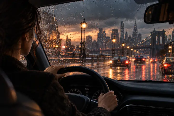 A cinematic view through a rain-streaked car windshield of a woman driving on a moody city street.