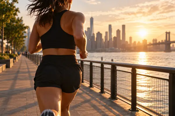 Close cinematic shot of a runner on a sunlit city waterfront promenade.