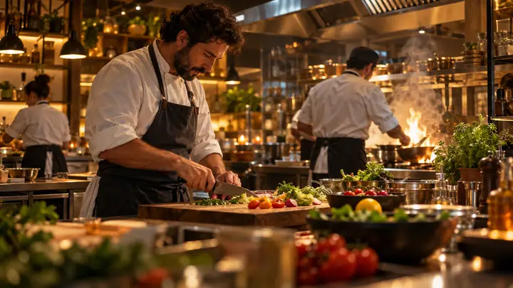 A cinematic wide shot of a chef chopping vegetables in a warm, busy professional kitchen, with another chef cooking in the background.