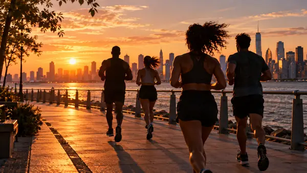 Wide cinematic shot of people running along a waterfront promenade at sunset, with the city skyline behind them.
