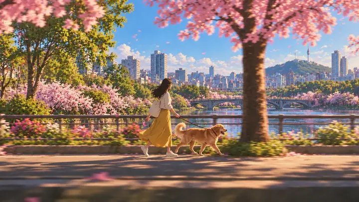 A colorful tree-lined outdoor scene.