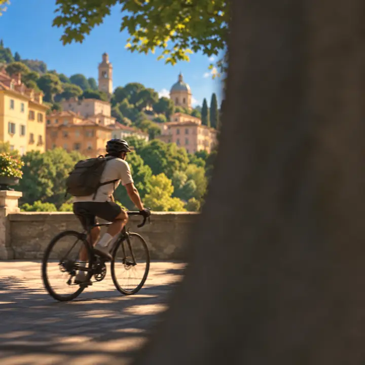 A cyclist passes through the frame.