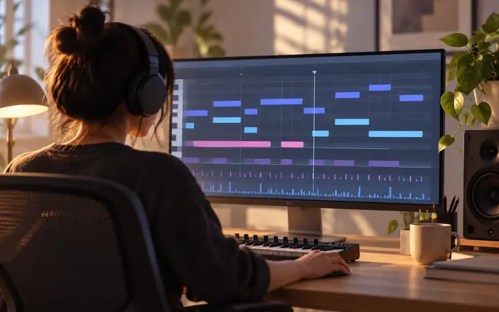 A music editing interface showing rows of notes on a timeline.