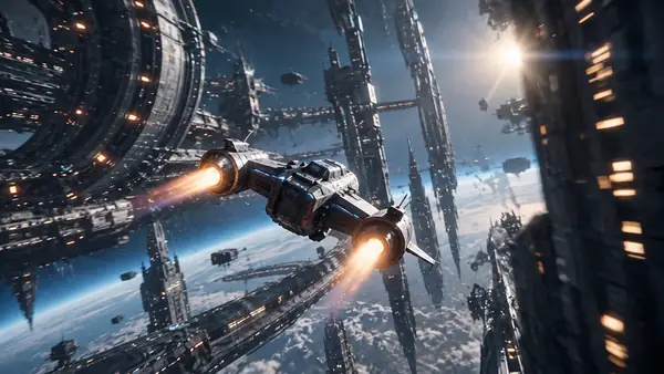 A spacecraft flies between towering structures in a dramatic science-fiction scene.