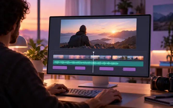 A video editor interface with a preview and a layered audio timeline.