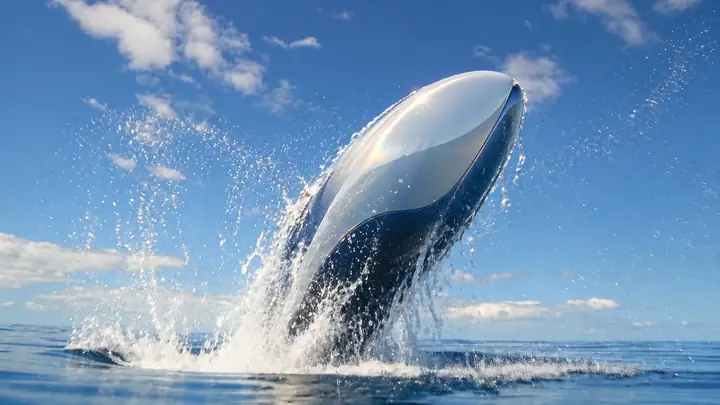 A whale emerging from blue ocean water.
