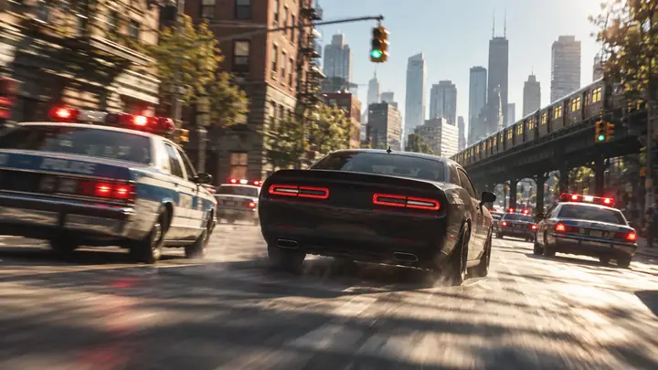 Police cars in a cinematic urban chase.