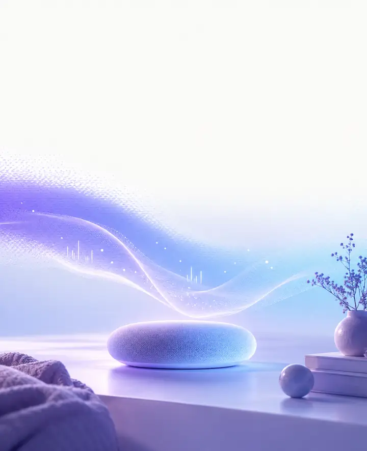 Soft blue and violet color wash behind a music interface.