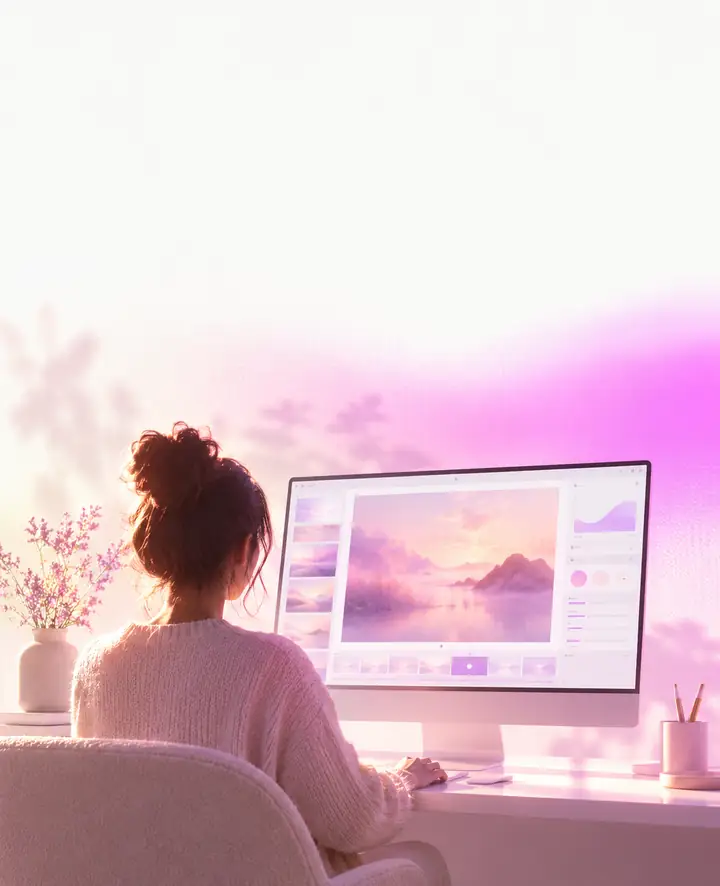 Soft pink and violet color wash behind an editing interface.