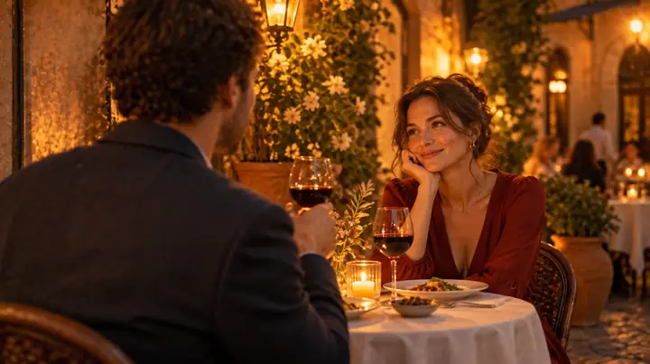 Two people talking across a candlelit dinner table in a warm restaurant.
